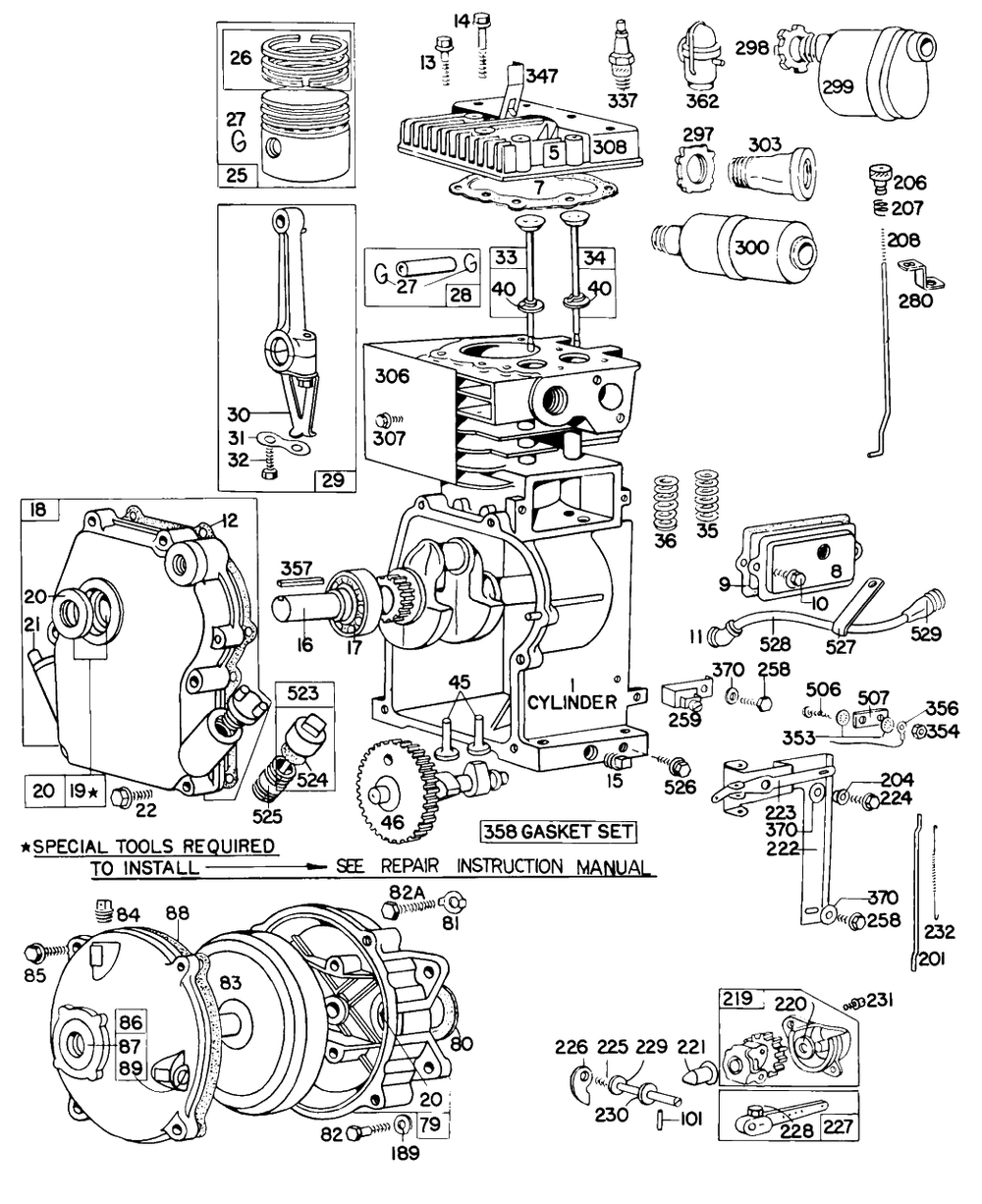 Cylinder,crankcase,gear Case Diagram and Parts List for 60202-0186-XX  Briggs and Stratton Engine